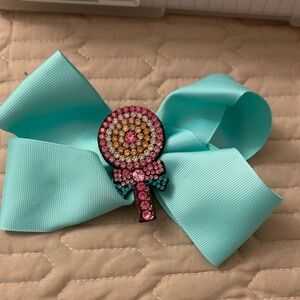 Aqua Bow with Rhinestone Lollipop Hair Clip